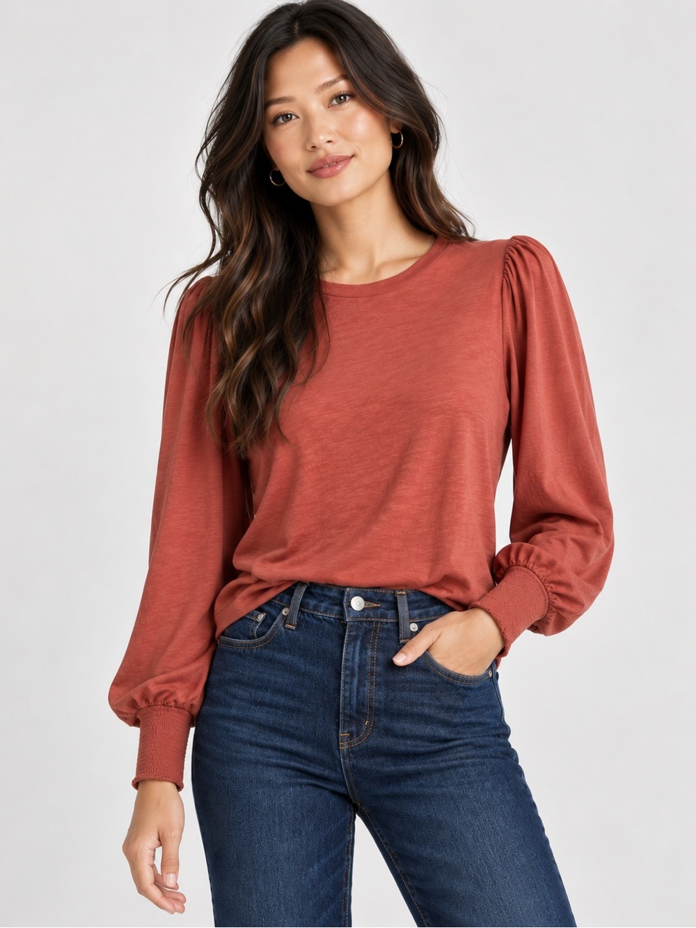 Madewell Smocked Long-Sleeve Top in Soft Slub – Faded Brick Rust | Size Mediu